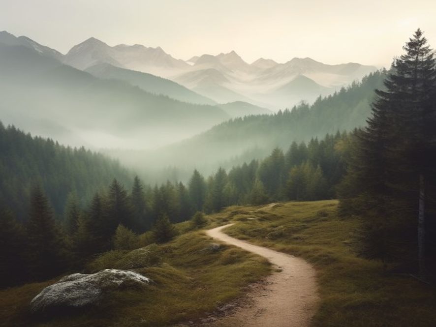 Mountain trail winding through beech forest with misty peaks