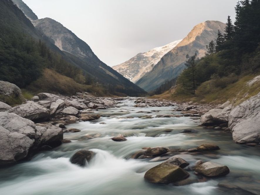 Mountain river flowing over rocks with alpine peaks in background, safe crossing area